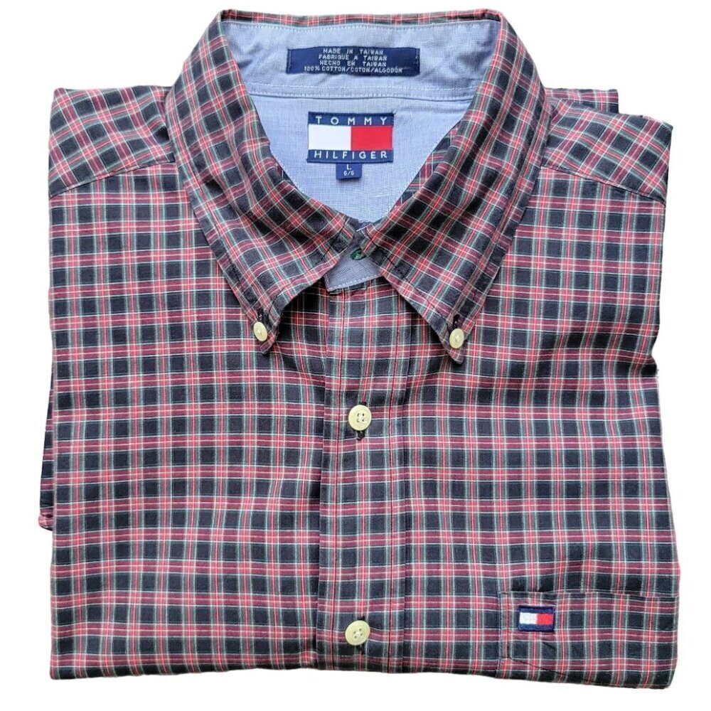 Tommy Hilfiger Men's Red/Black Plaid Long Sleeve Button Down Shirt Size L
